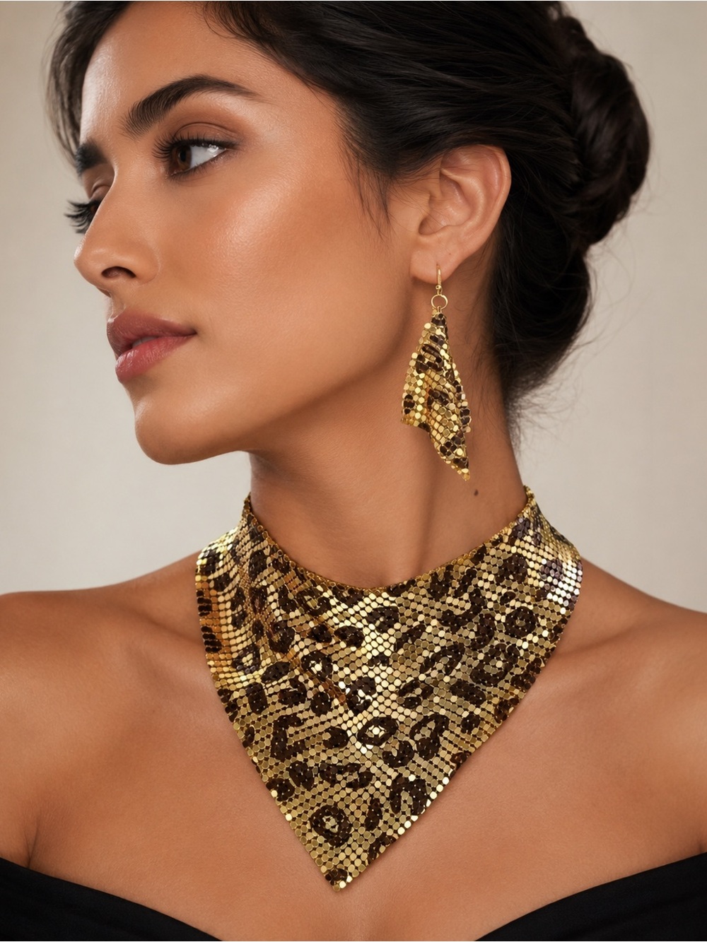 Leopard Set Beautiful Bib Necklace & Dangle Earrings Vintage Elegant Statement